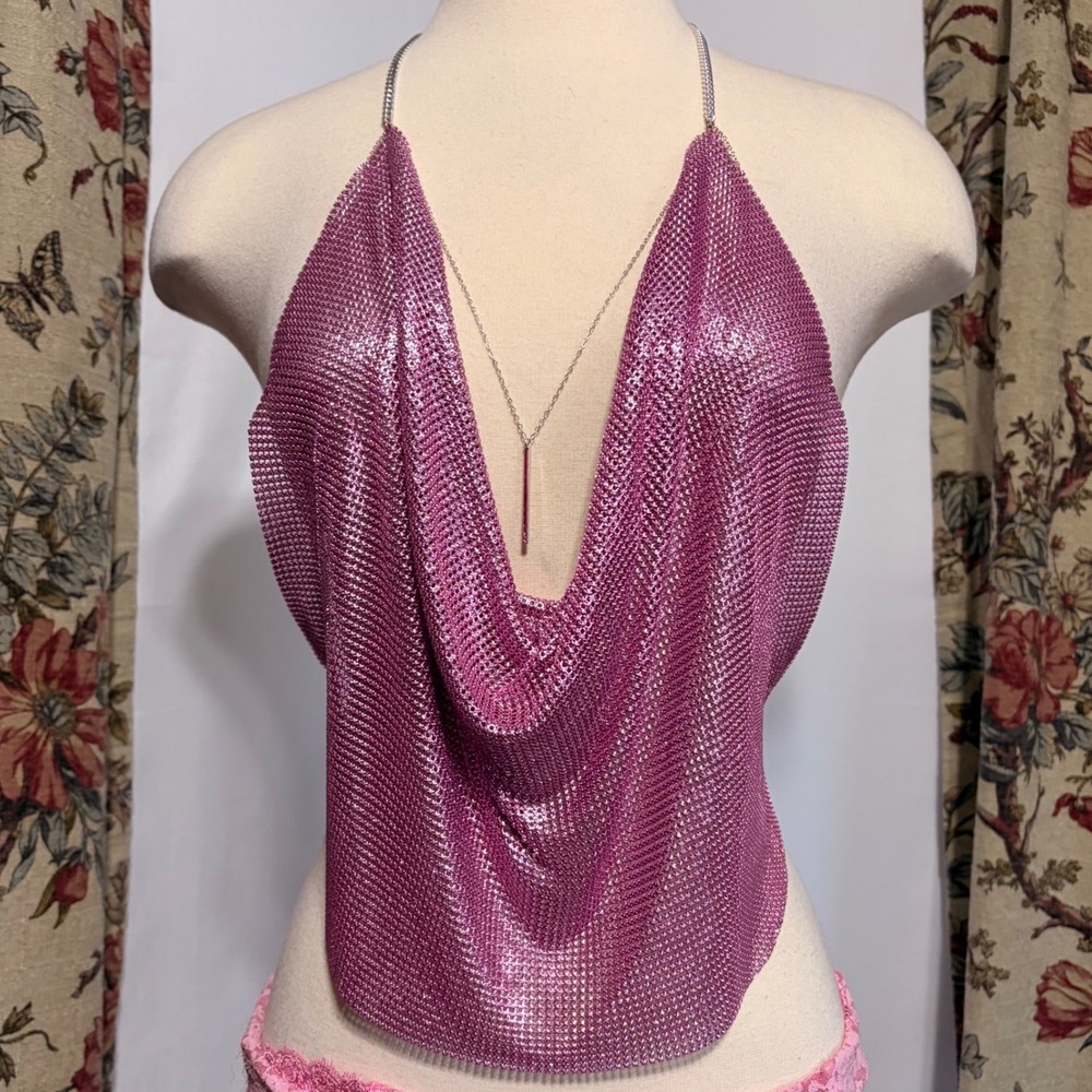 Gorgeous backless Y2k Pink and silver Metal Chainmail Halter Top with cowl neck